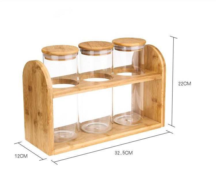 *-3 bolsas mas Exhibidor GRANDE y elegante de vidrio y tapa de madera con su rack de madera 32cm x 22cm x 12 cm