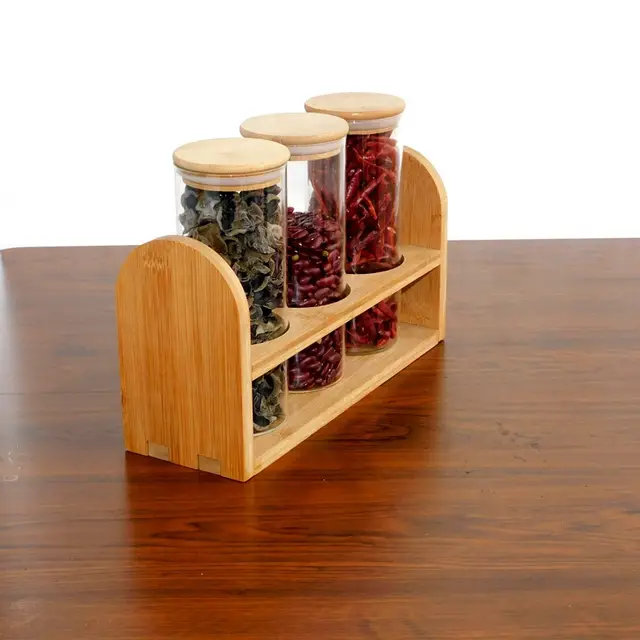 *-3 bolsas mas Exhibidor GRANDE y elegante de vidrio y tapa de madera con su rack de madera 32cm x 22cm x 12 cm