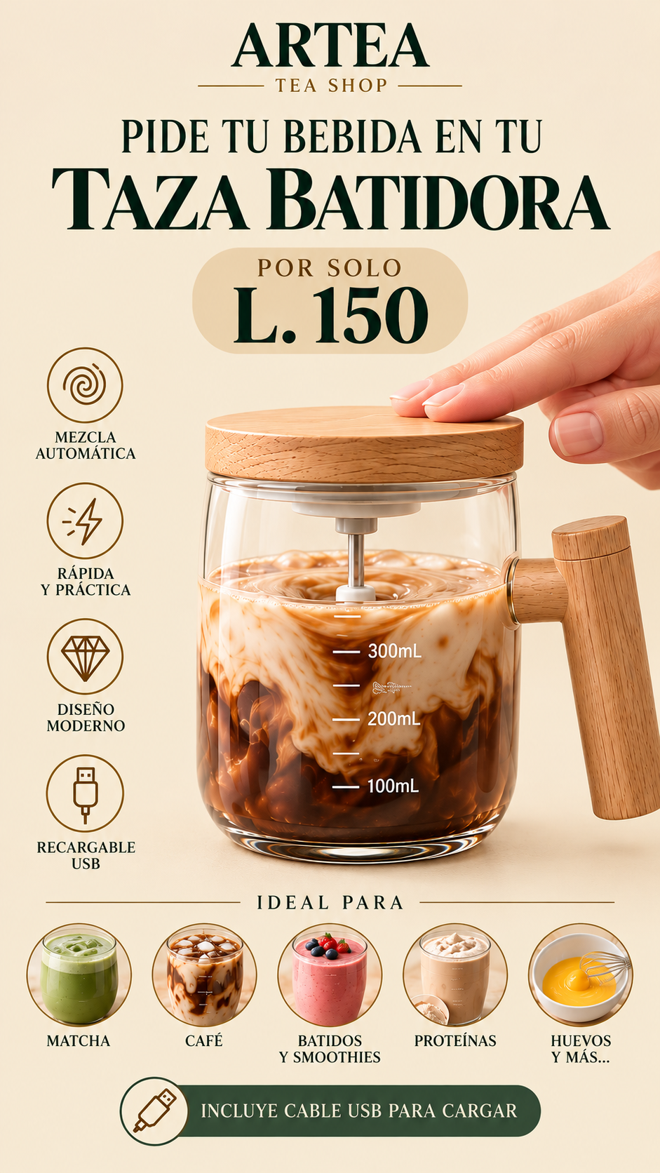 Taza Batidora Take-away - L.150+ puedes pedir cualquiera de nuestras bebida en tu taza recargable con cable USB incluído