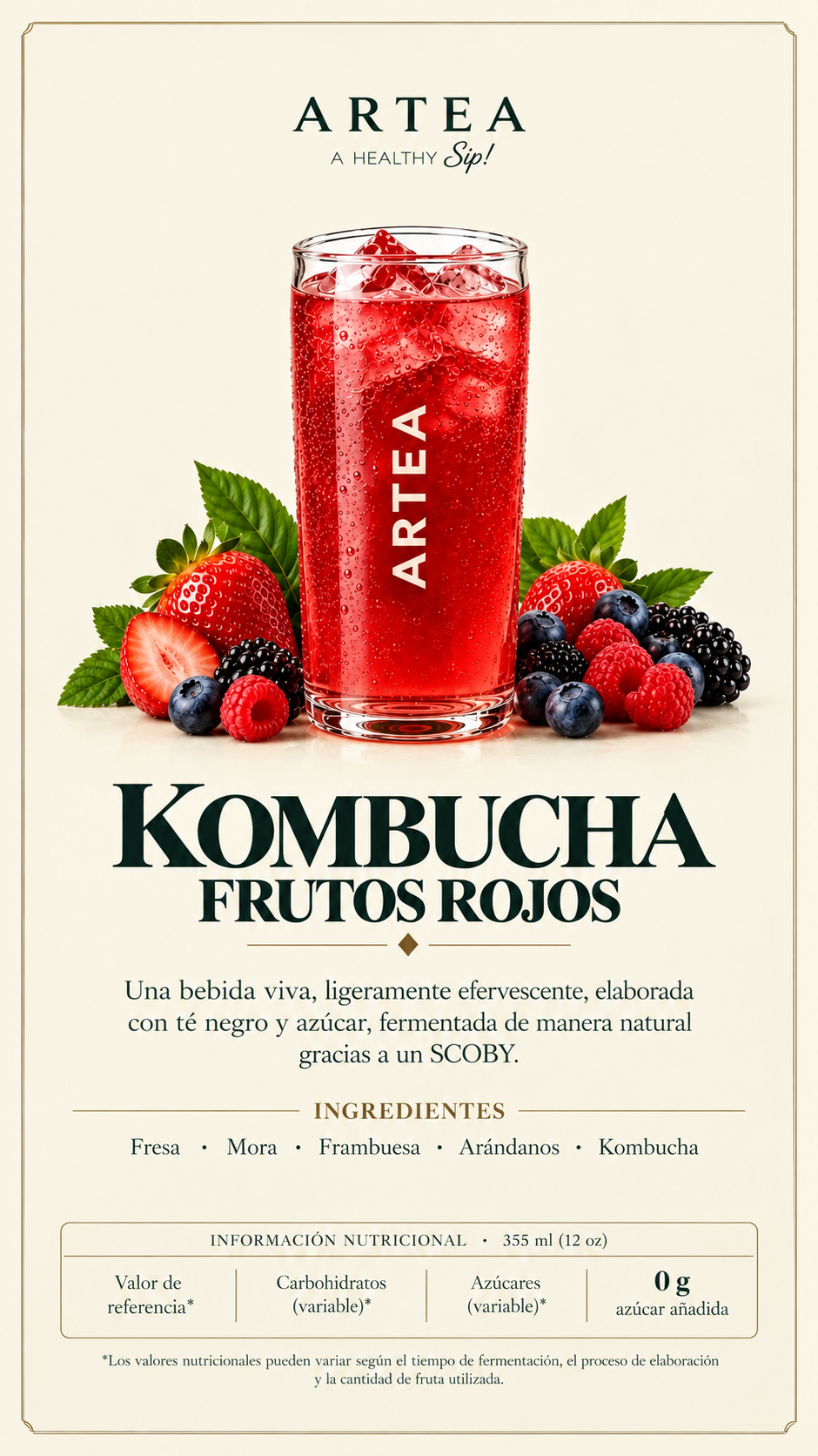 Kombucha de frutos- Una bebida viva, refrescante y ligeramente efervescente, elaborada a partir de té fermentado y una deliciosa combinación de frutos rojos.
Su sabor frutal y su toque ácido la convierten en una opción diferente para disfrutar en cualqui