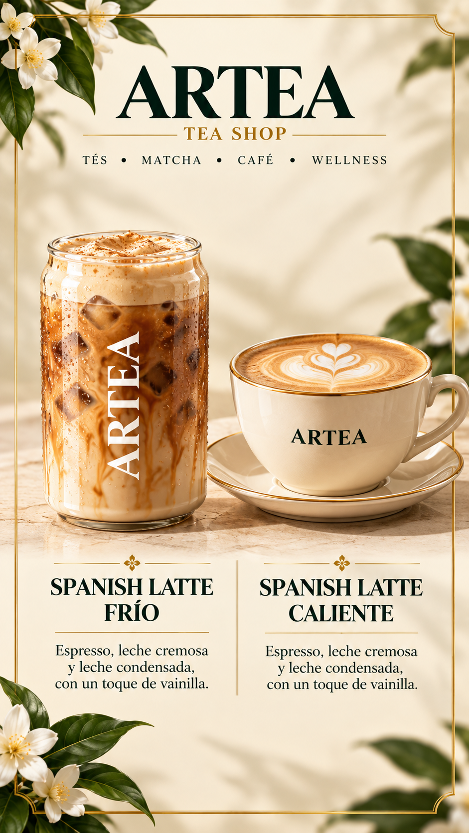 Spanish Latte:
Espresso intenso, leche cremosa y leche condensada, con un delicado toque de vainilla. Una combinación suave, dulce y reconfortante, perfecta para disfrutar caliente o fría (versión fría lleva cold foam)