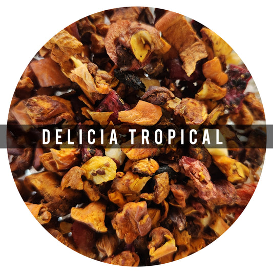 Delicia Tropical 100g: es una tisana 100% afrutada y dulce
Ingredientes: Pitaya, Bayas de Espino Amarillo, Moras, Bayas de Goji, Kiwi, Piña, Papaya, Arándanos