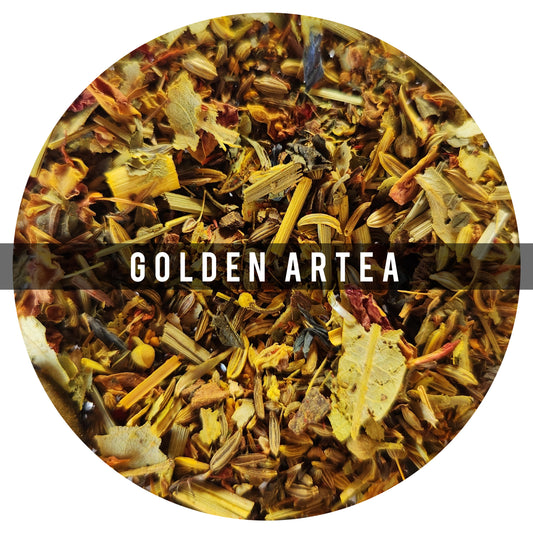 Golden Artea 90g: Es una mezcla potente que ayuda a la digestión y es antinflamatorio. Requiere infusión larga de 5 a 10 mins. cucum