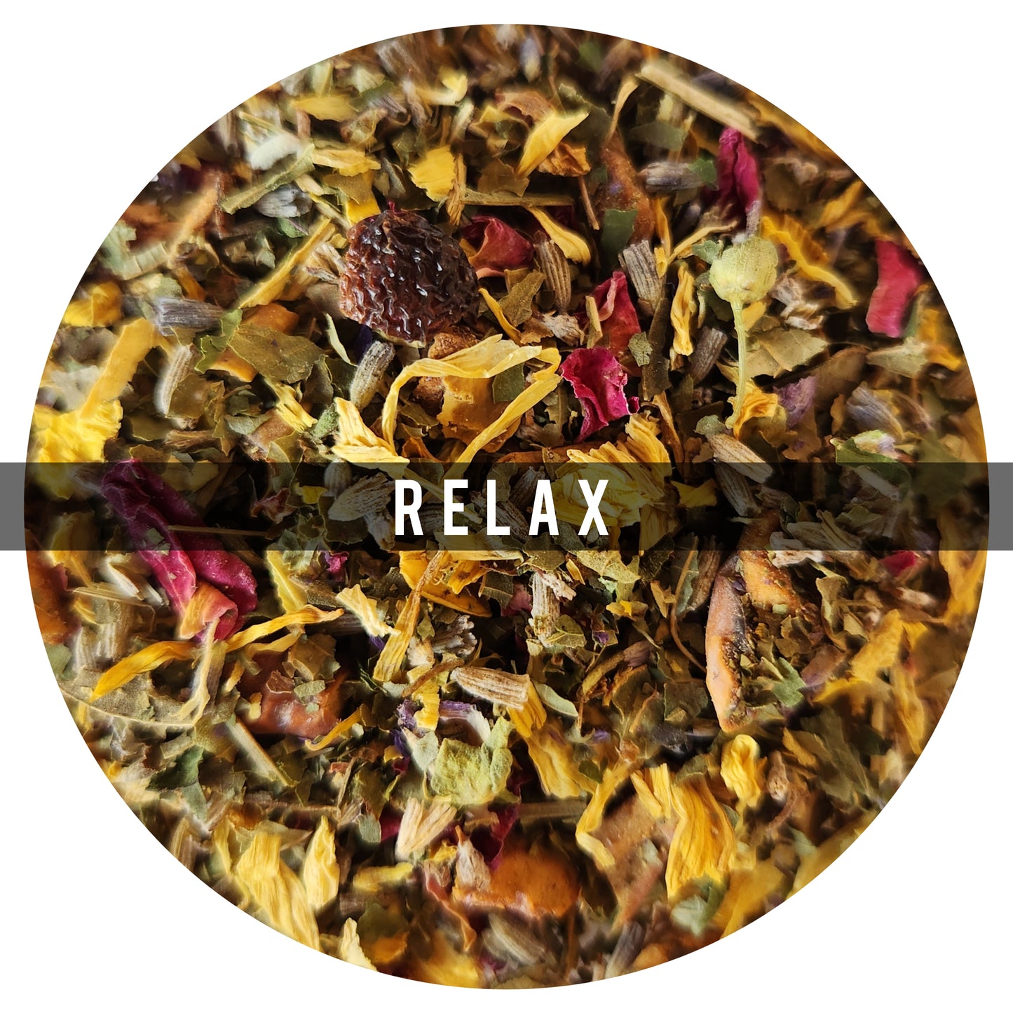 Relax 100g: Mezcla inspirada en un hermoso jardín de flores, donde encuentras variada de 
colores y aromas. La Lavanda es conocida por su agradable aroma y sus propiedades calmantes, Relax tiene un sabor herbal herbáceo