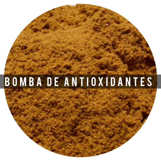 Bomba de antioxidantes Mas de 20 antioxidantes: raíz de cúrcuma, corteza de canela, semillas de cilantro, raíz de jengibre, algas marinas, semillas de fenogreco, té verde, cáscara de limón, pimentón, semillas de alcaravea, albahaca, orégano