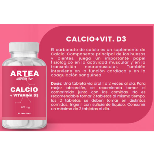 Tabletas Calcio mas Vitamina D3 CALCIO+VIT. D3 El carbonato de calcio es un suplemento de Calcio. Componente principal de los huesos y dientes, juega un importante papel fisiológico en la actividad muscular y en la transmisión neuromuscular. También inter