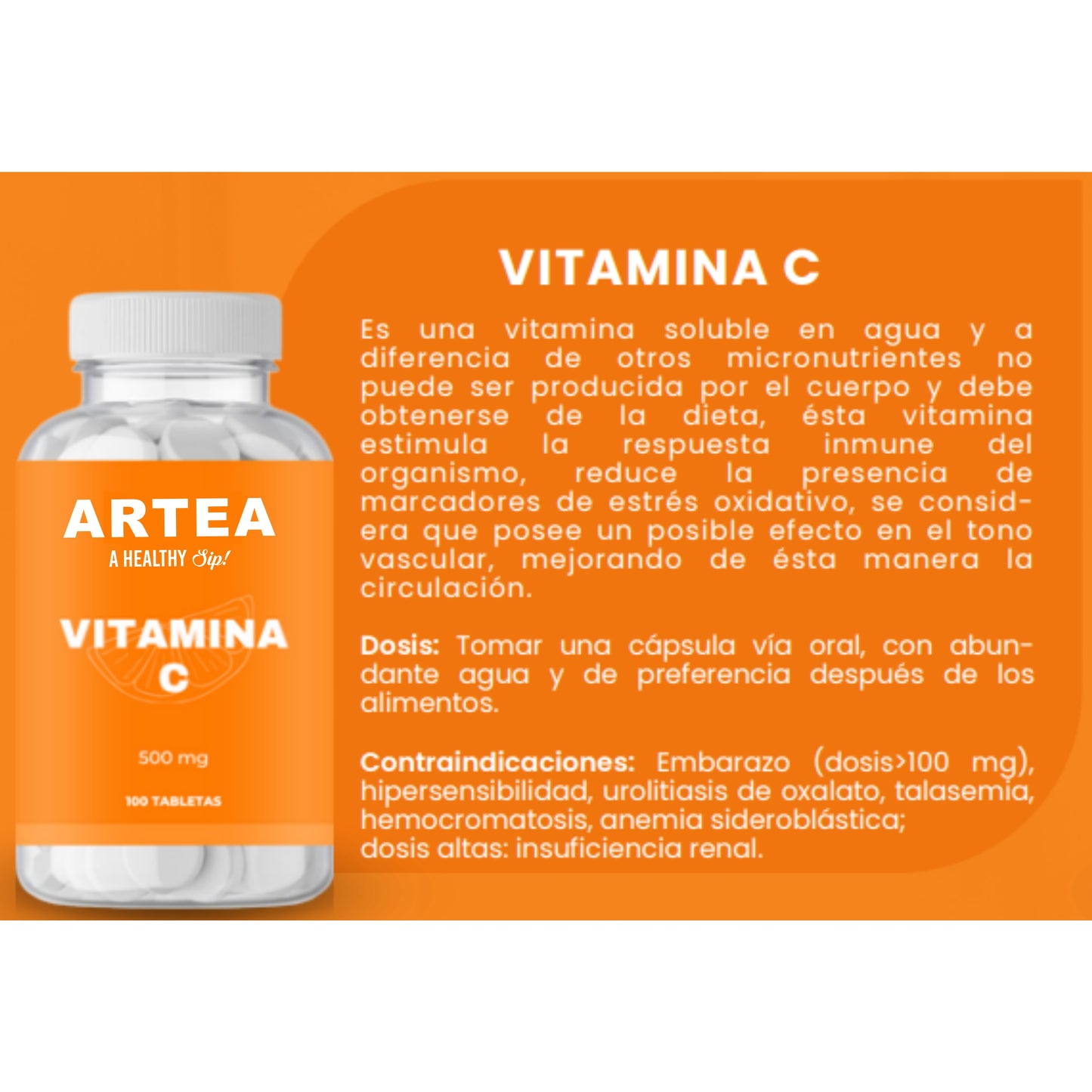 Tabletas Vitamina C Es una vitamina soluble en agua y a diferencia de otros micronutrientes no puede ser producida por el cuerpo y debe obtenerse de la dieta, ésta vitamina estimula la respuesta inmune del organismo, reduce la presencia de marc