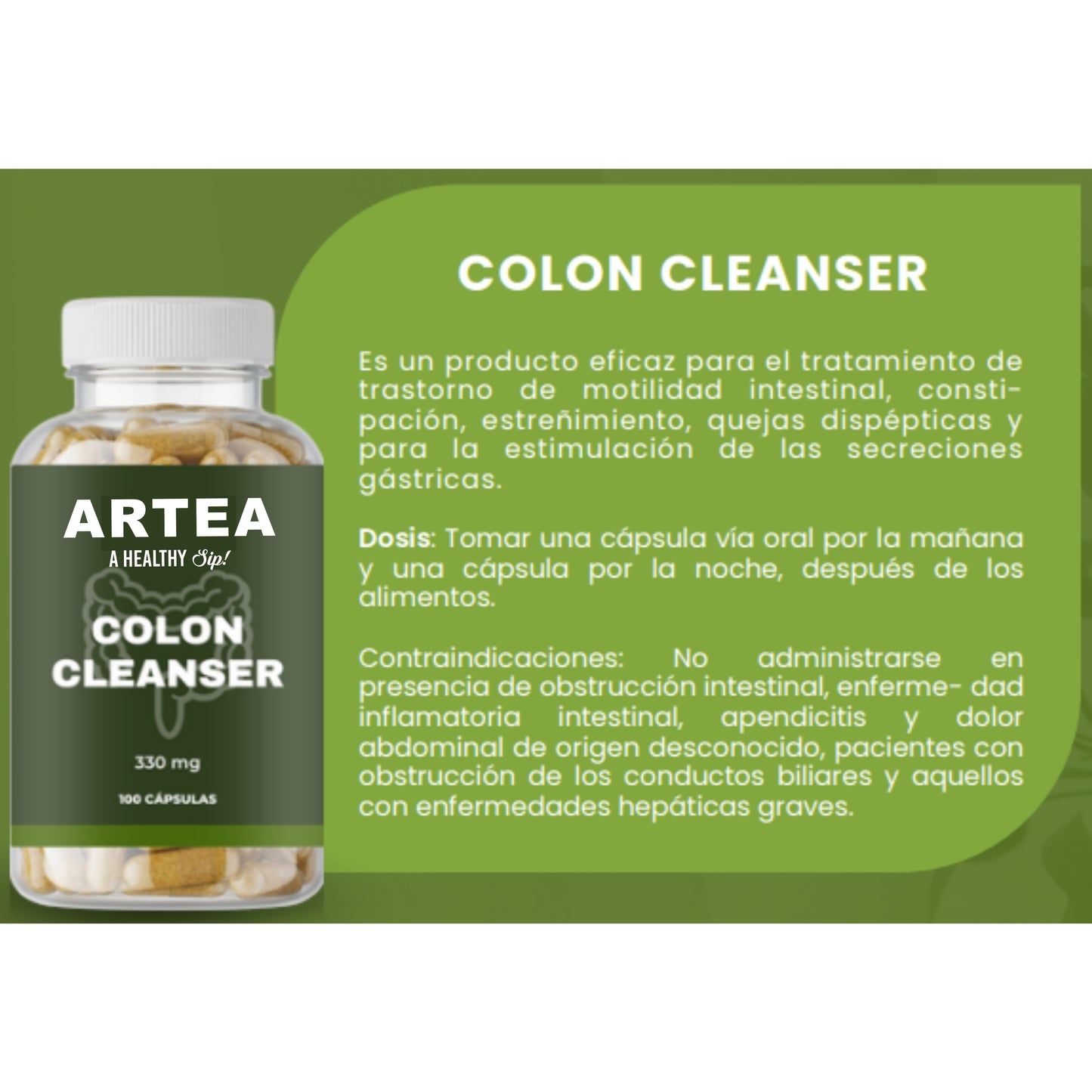 Tableta Colon Cleanser  Es un producto eficaz para el tratamiento de trastorno de motilidad intestinal, consti pación, estreñimiento, quejas dispépticas y para la estimulación de las secreciones gástricas.