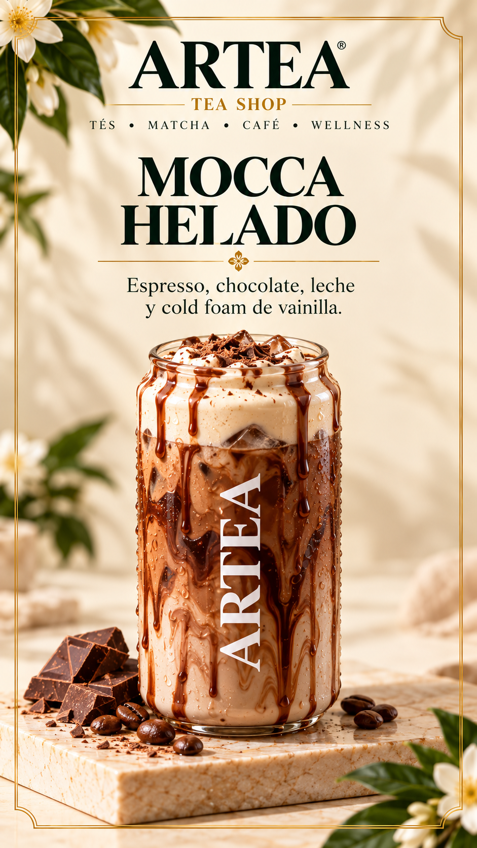Mocca Helado 
Para los amantes del café y el chocolate.  Una combinación irresistible de espresso, chocolate y leche, coronada con nuestro suave cold foam de vainilla.
Intenso, cremoso y con el equilibrio perfecto entre café y dulzura. Una p