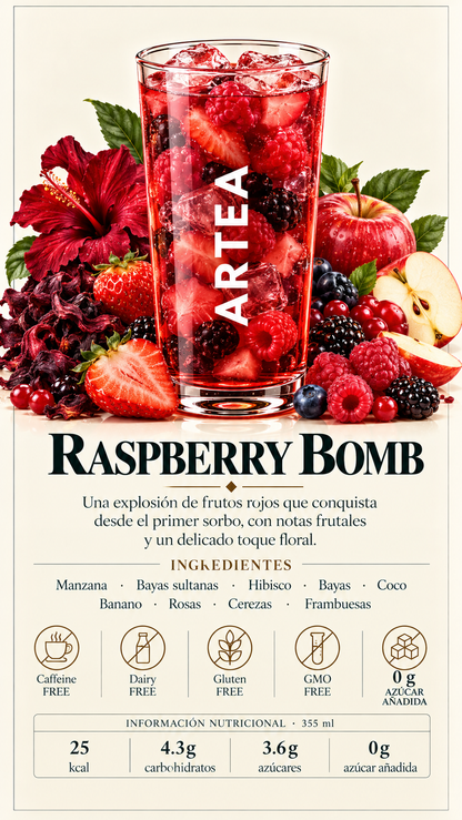 Raspberry Bomb-Una explosión de frutos rojos que conquista desde el primer sorbo, con notas frutales y un delicado toque floral.
Ingredientes: Manzana · Bayas sultanas · Hibisco · Bayas · Coco · Banano · Rosas · Cerezas · Frambuesas