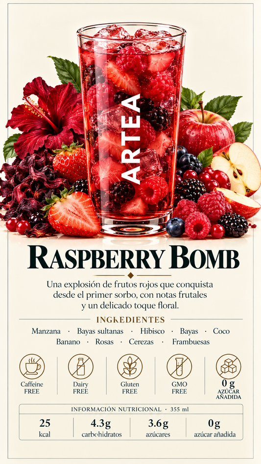 Raspberry Bomb-Una explosión de frutos rojos que conquista desde el primer sorbo, con notas frutales y un delicado toque floral.
Ingredientes: Manzana · Bayas sultanas · Hibisco · Bayas · Coco · Banano · Rosas · Cerezas · Frambuesas