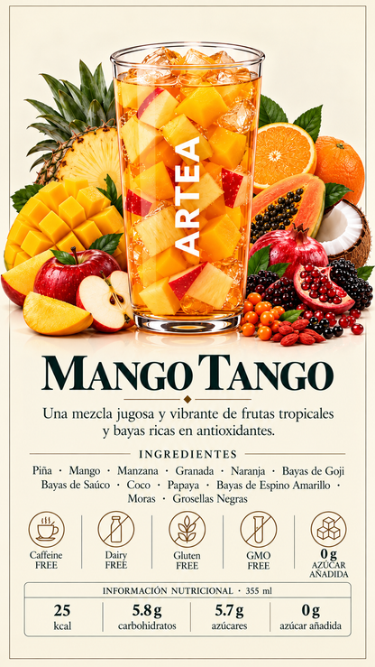 Mango tango: Una mezcla jugosa y vibrante de frutas tropicales y bayas ricas en antioxidantes.
Ingredientes: Piña · Mango · Manzana · Granada · Naranja · Bayas de Goji · Bayas de saúco · Coco · Papaya · Bayas de espino amarillo · Moras · Grosellas negras
