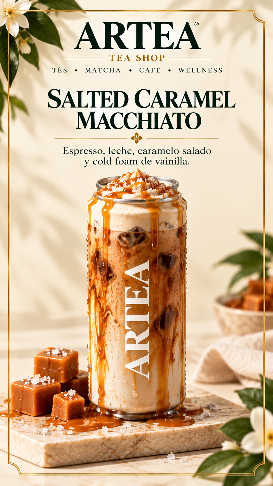 Salted Caramel Macchiato 
Espresso intenso, leche cremosa y caramelo salado, coronado con una suave cold foam y un delicado toque de caramelo alrededor de la lata y en la base. Una combinación irresistible entre lo dulce, lo cremoso y un sutil toque