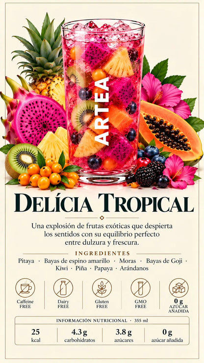 Delicia tropical- Una explosión de frutas exóticas que despierta los sentidos con su equilibrio perfecto entre dulzura y frescura.
Ingredientes: Pitaya · Bayas de espino amarillo · Moras · Bayas de Goji · Kiwi · Piña · Papaya · Arándanos