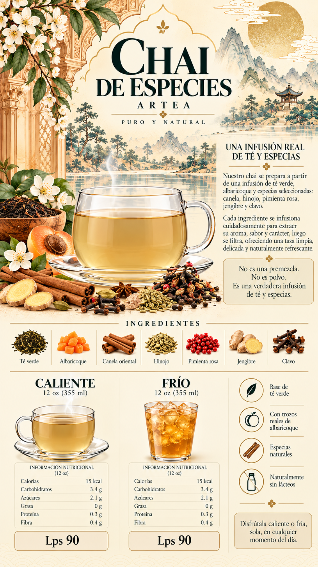 Chai de Especias ARTEA | Una infusión real, pura y natural , Descubre una mezcla aromática que combina té verde, trozos de albaricoque y especias naturales en una infusión delicada, cálida y refrescante.
Preparada al momento con agua para disfrutar de los