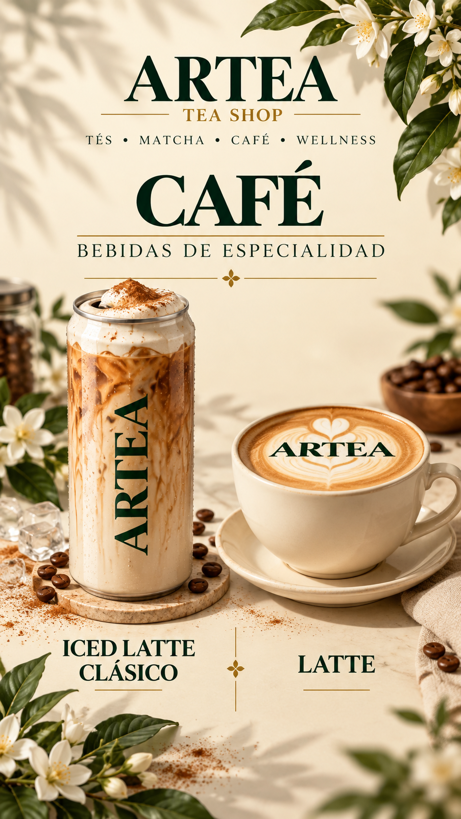 Capuchino o iced latte : 
Iced Latte : Espresso, leche fría y hielo con cold foam , vainilla y canela
Capuchino: Espresso, leche vaporizada y espuma cremosa. Equilibrado, aromático y con una textura sedosa.