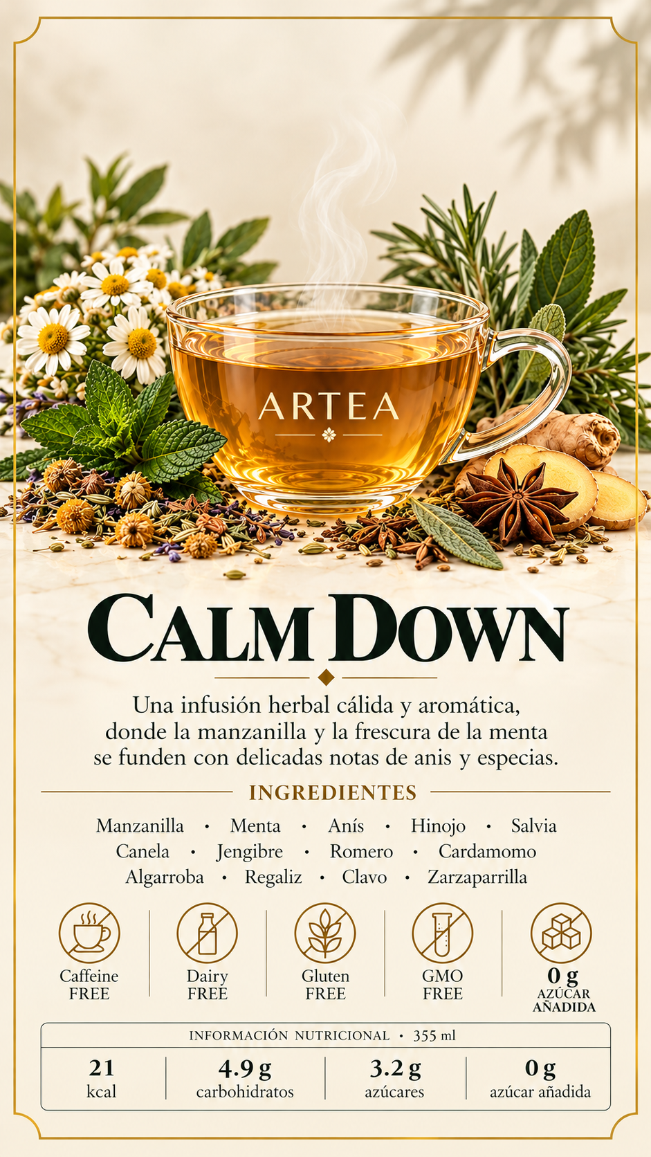 Calm down: **bestseller*Una infusión digestiva herbal cálida y aromática
Ingredientes: Manzanilla · Menta · Anís · Hinojo · Salvia · Canela · Jengibre · Romero · Cardamomo · Algarroba · Regali