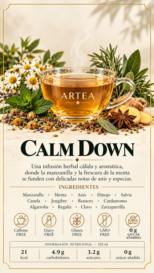 Calm down: **bestseller*Una infusión digestiva herbal cálida y aromática
Ingredientes: Manzanilla · Menta · Anís · Hinojo · Salvia · Canela · Jengibre · Romero · Cardamomo · Algarroba · Regali