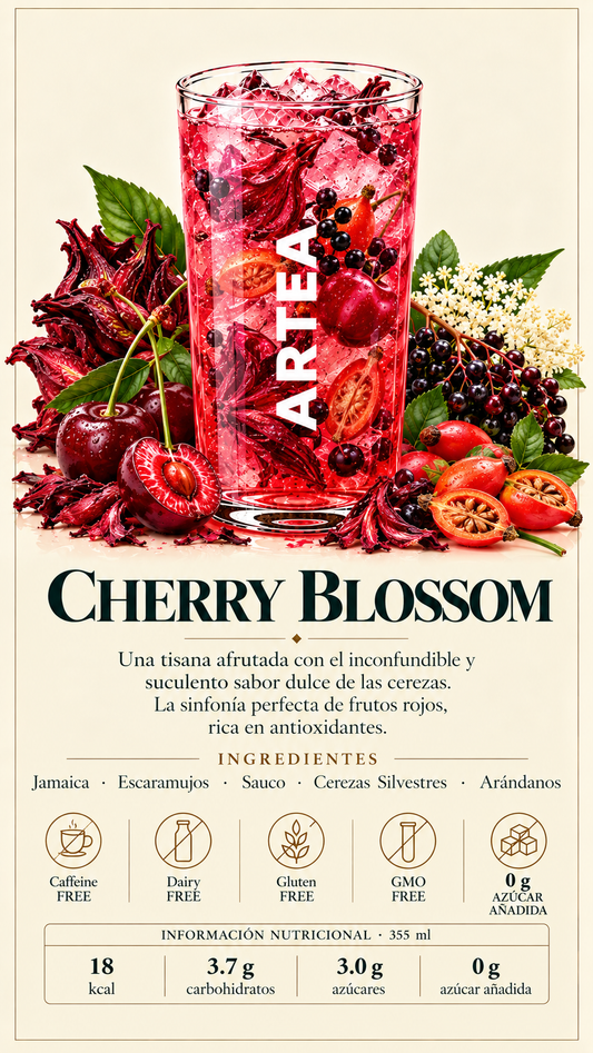 Cherrybloosom- deliciosa tisana de cerezas y frutos rojos, con un sabor dulce, suculento y ligeramente ácido. Una mezcla frutal de intenso color rojo rubí, perfecta para disfrutar en cualquier momento del día.
Ingredientes: Jamaica · Escaramujos · Saúco