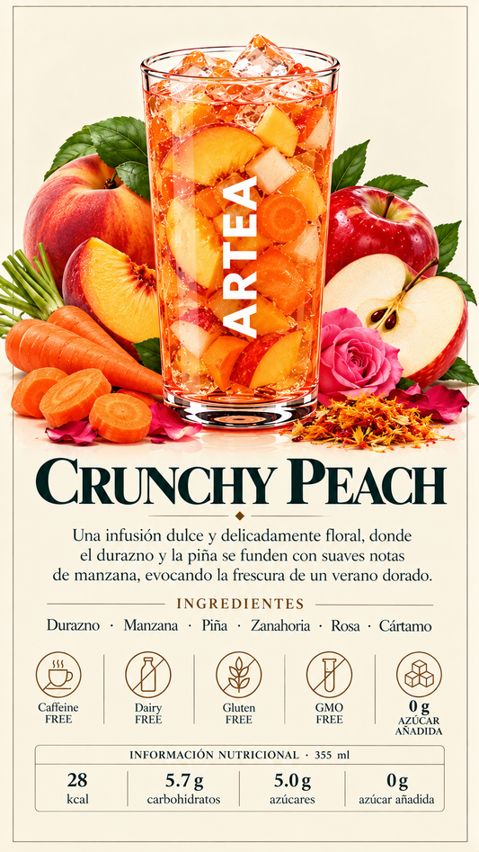 Crunchy Peach-Una infusión dulce y delicadamente floral, donde el durazno y la piña se funden con suaves notas de manzana, evocando la frescura de un verano dorado.
Ingredientes: Durazno · Manzana · Piña · Zanahoria · Rosa · Cártamo