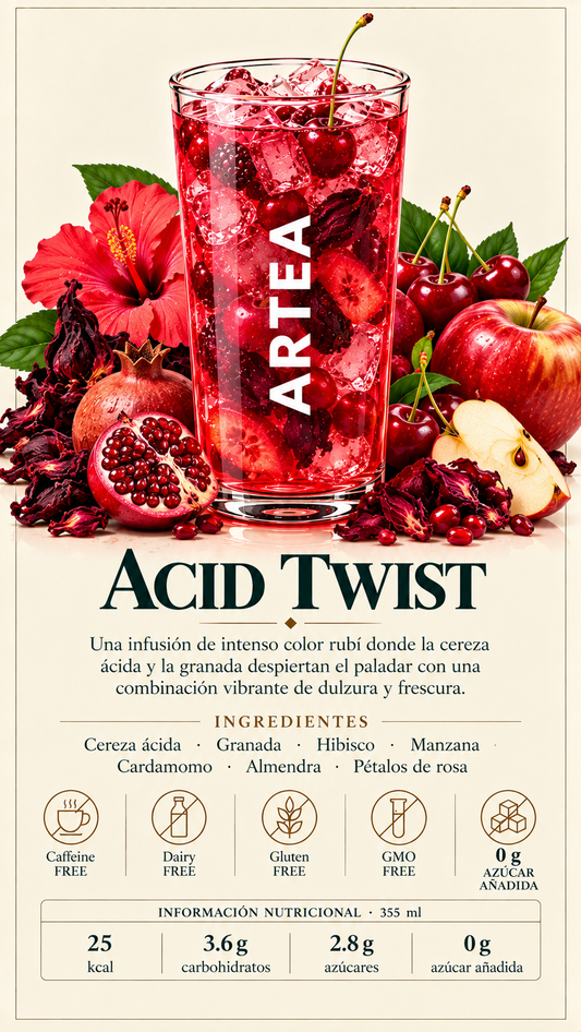 Acid Twist -Una infusión de intenso color rubí donde la cereza ácida y la granada despiertan el paladar con una combinación vibrante de dulzura y frescura.
Ingredientes: Cereza ácida · Granada · Hibisco · Manzana · Cardamomo · Almendra · Pétalos de rosa