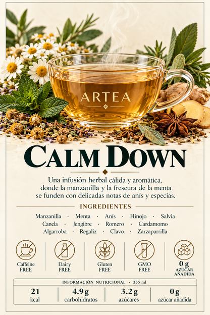 Calm down: Una infusión digestiva herbal cálida y aromática, donde la manzanilla y la frescura de la menta se funden con delicadas nota
Ingredientes: Manzanilla · Menta · Anís · Hinojo · Salvia · Canela · Jengibre · Romero · Cardamomo · Algarroba · Regali