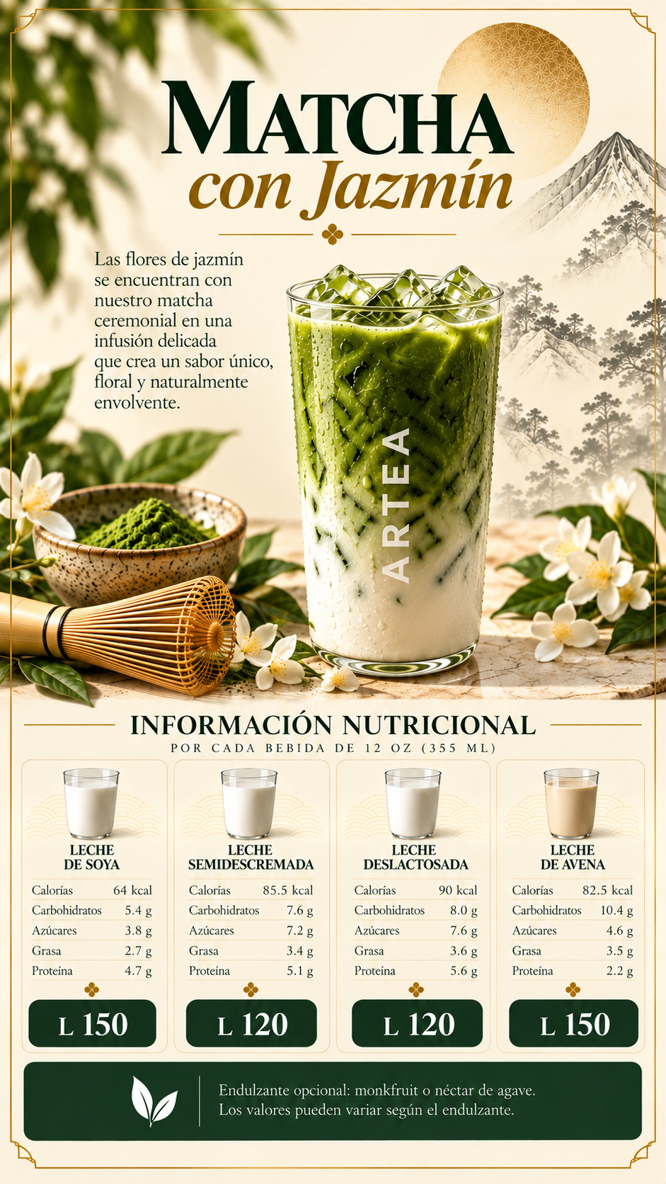 Matcha Ceremonial con Jazmin-Las hojas del matcha se encuentra con las delicadas notas florales del jazmín en una bebida refrescante, cremosa y aromática