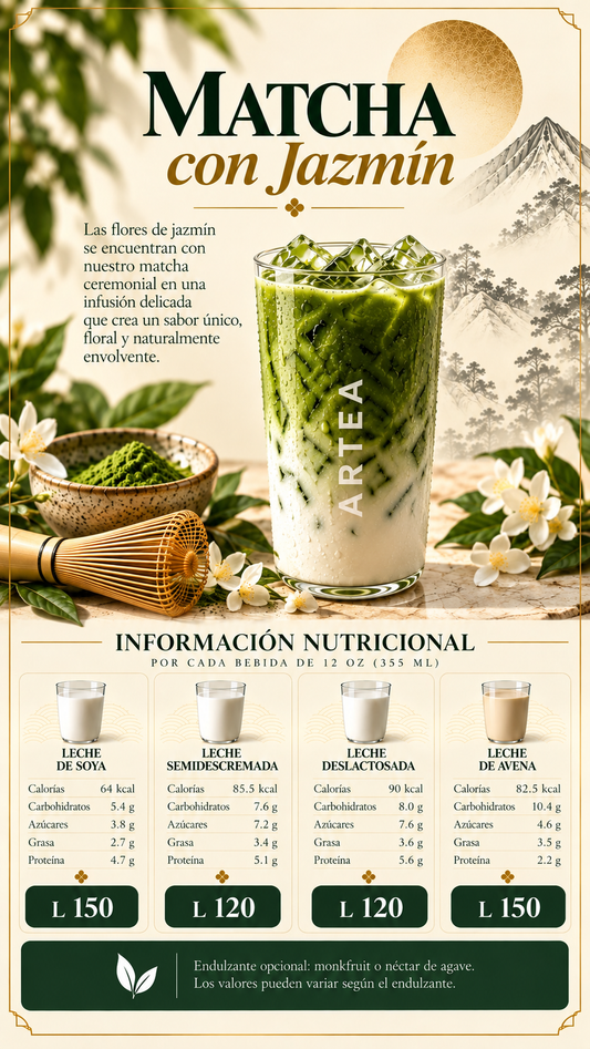 Matcha Ceremonial con Jazmin-Las hojas del matcha se encuentra con las delicadas notas florales del jazmín en una bebida refrescante, cremosa y aromática