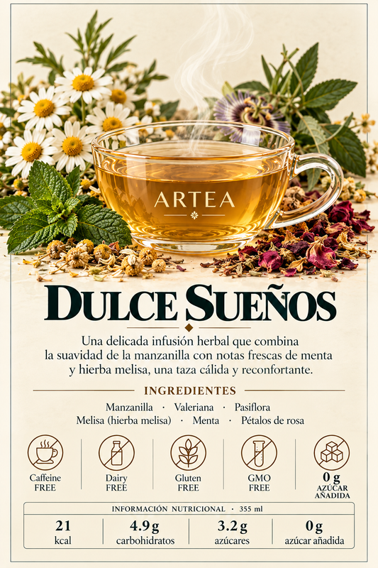 Dulce sueños: Una delicada infusión herbal que combina la suavidad de la manzanilla con notas frescas de menta y hierba melisa, una taza cálida y reconfortante.
Ingredientes: Manzanilla · Valeriana · Pasiflora · Melisa (hierba melisa) · Menta · Pétalos de