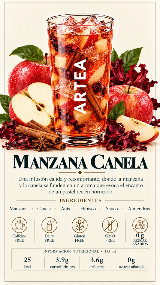 Manzana Canela -Una infusión cálida y reconfortante, donde la manzana y la canela se funden en un aroma que evoca el encanto de un pastel recién horneado.
Ingredientes: Manzana · Canela · Anís · Hibisco · Saúco · Almendras