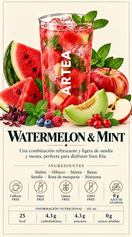 Sandía Menta-Una mezcla refrescante que combina el sabor jugoso de la sandía con el toque fresco y aromático de la menta. Ligera, vibrante y perfecta para disfrutar una pausa llena de frescura.Ingredientes: Melón · Hibisco · Menta · Bayas · Sandia